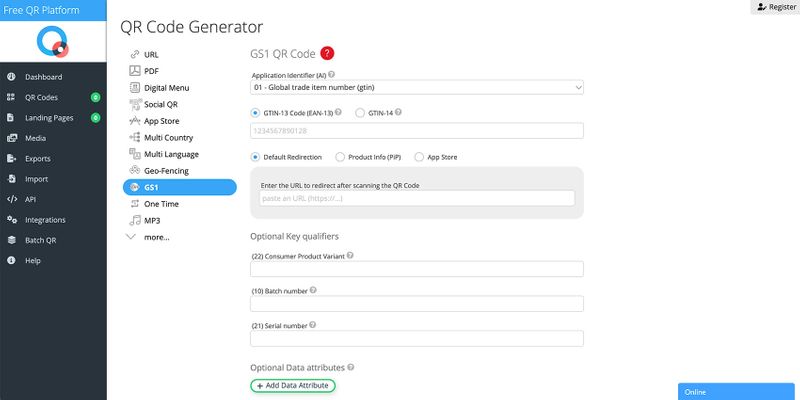 Steps to generate GS1 DL QR codes with QR Planet