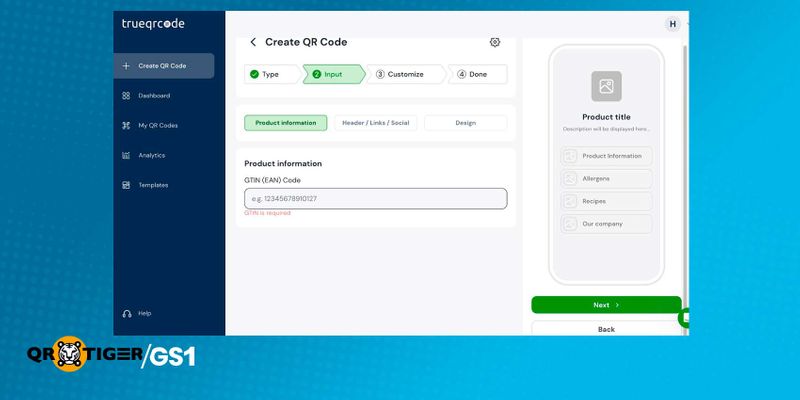 Trueqrcode GS1 generator UI